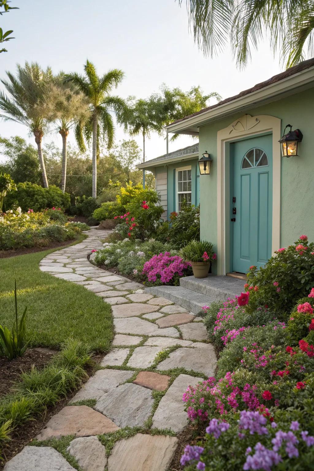 A charming stone pathway leading guests to the front door