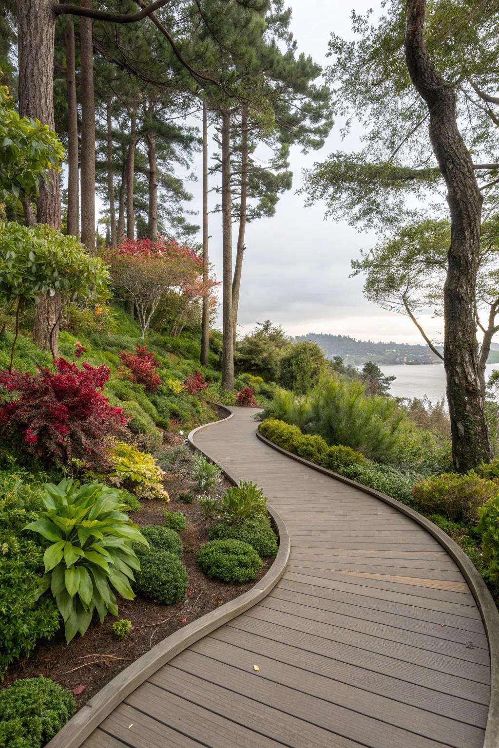 A composite deck design that beautifully integrates with natural elements.