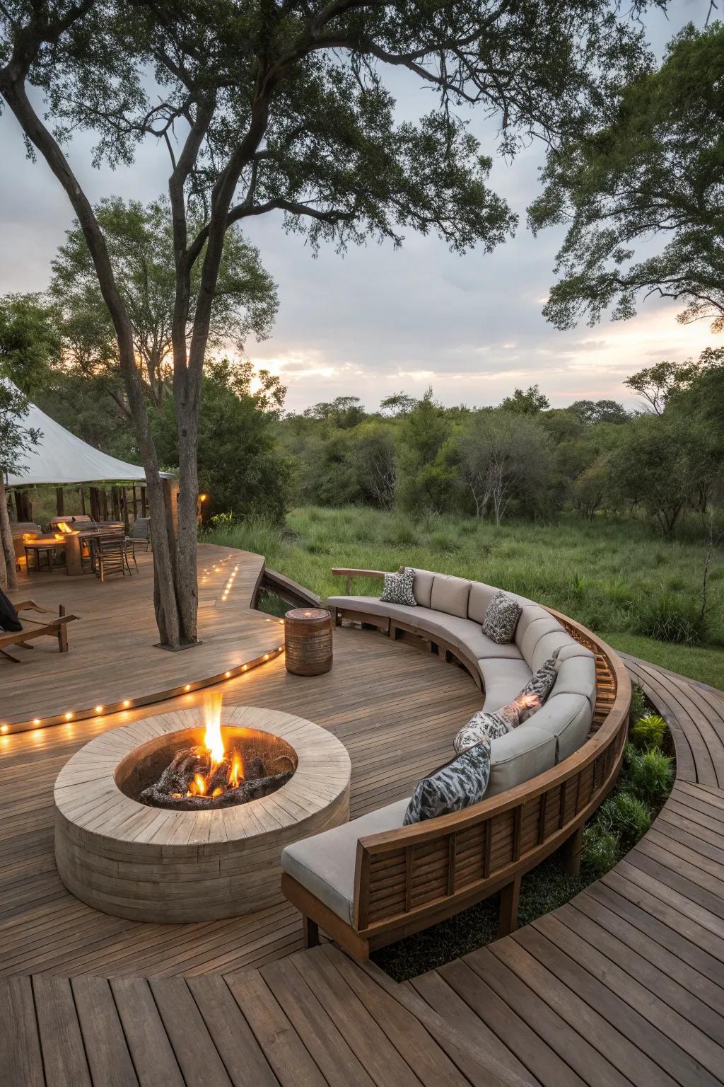 Curved deck featuring a cozy round fire pit.