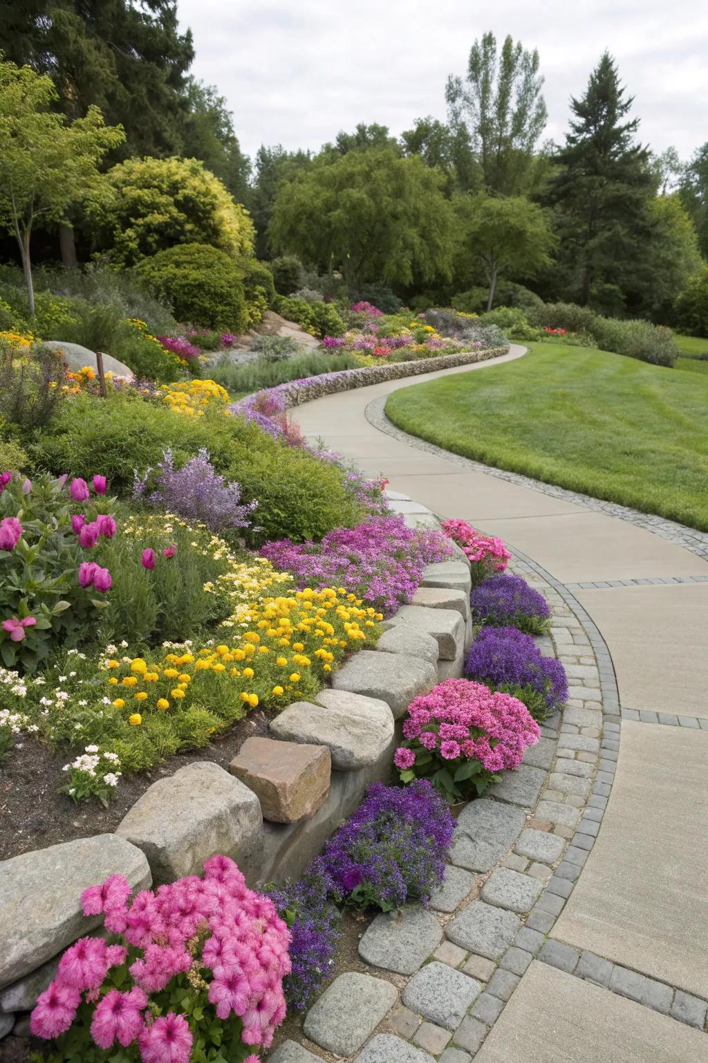 Curved flower beds that blend with garden paths.