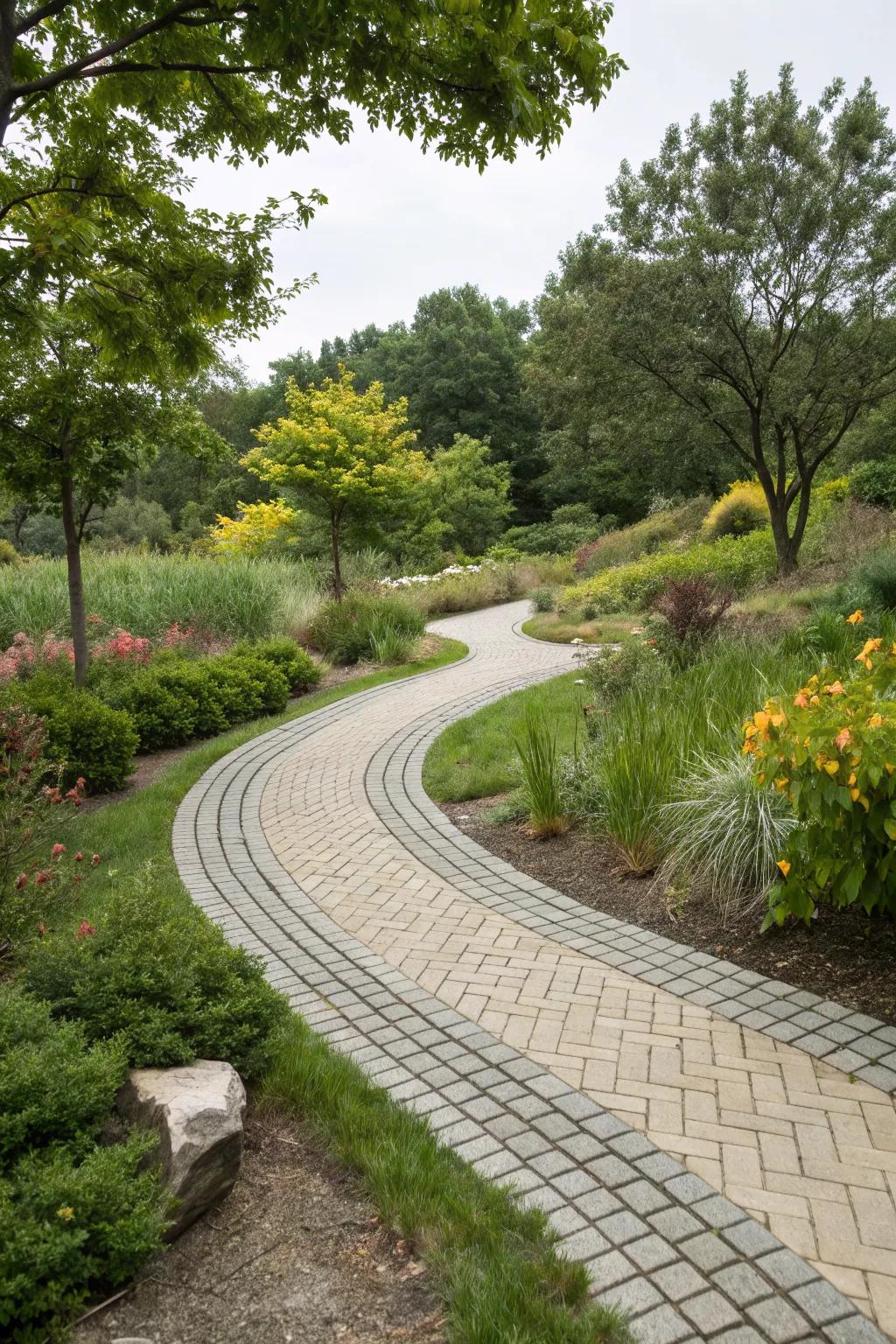 An eco-friendly curved walkway featuring permeable pavers, surrounded by lush greenery.