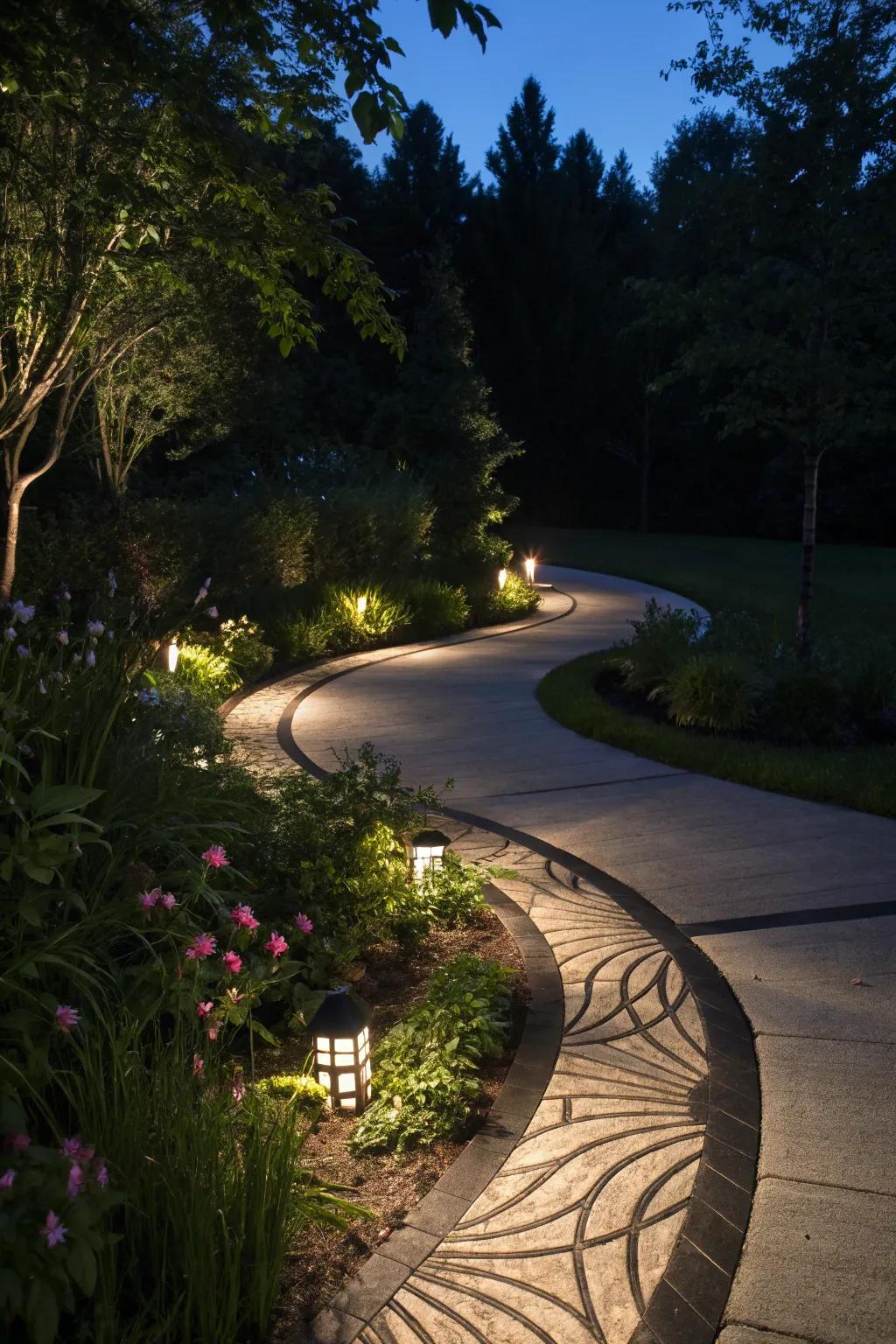 An LED-lit path creating a magical nighttime ambiance.
