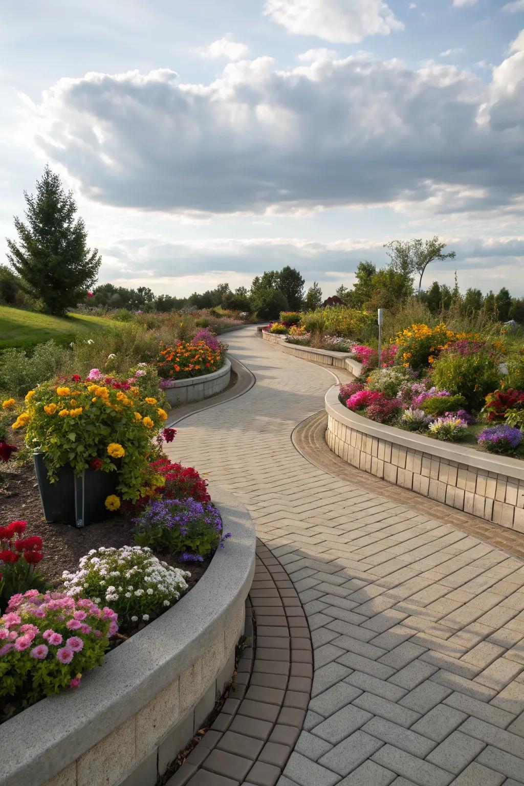 A walkway enriched by beautiful garden beds lining its path.
