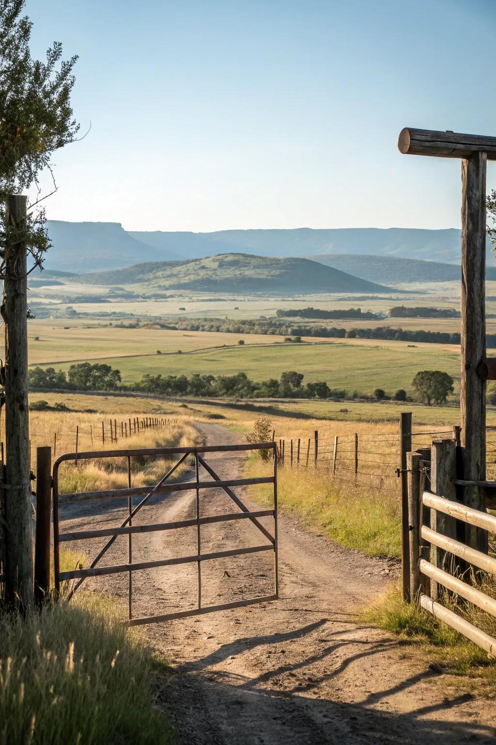 An open landscape enhances the inviting nature of this ranch gate.