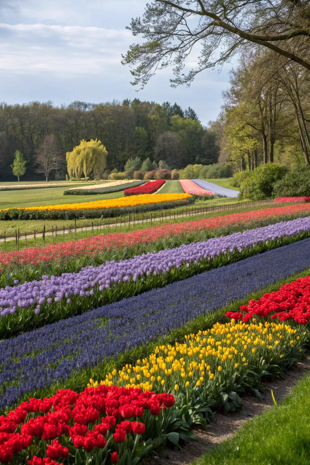 A garden showcasing distinct color blocks, each section filled with flowers of a single hue.
