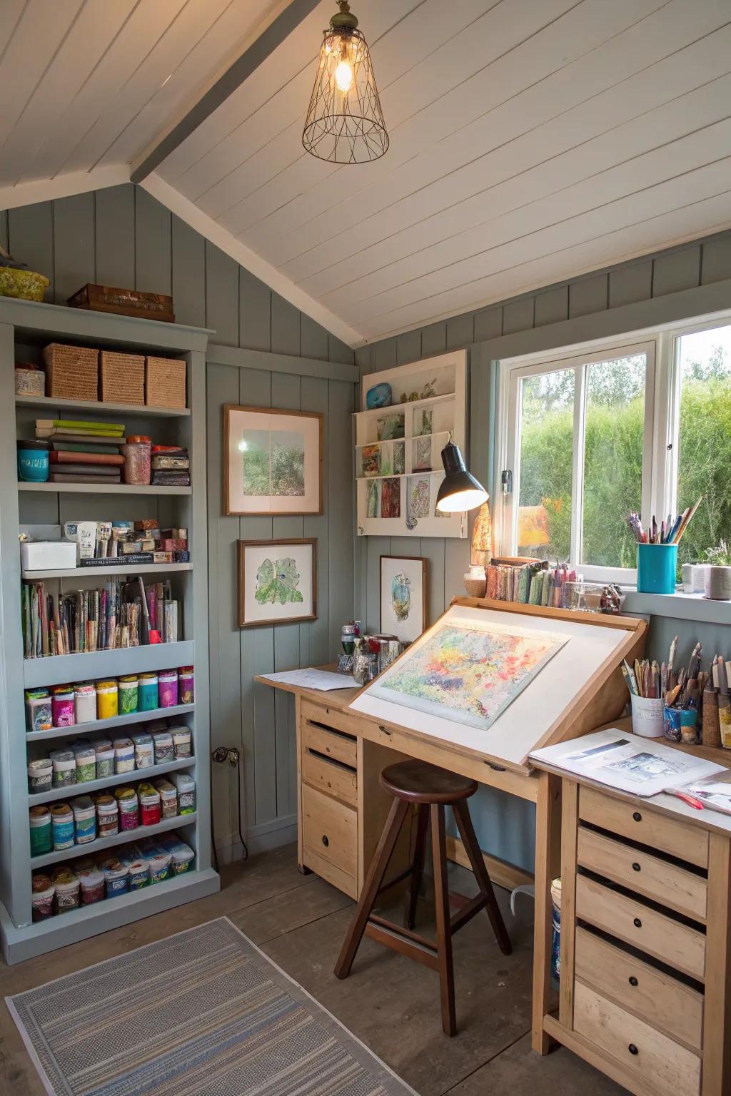 A garden studio with art supplies and a drafting table.