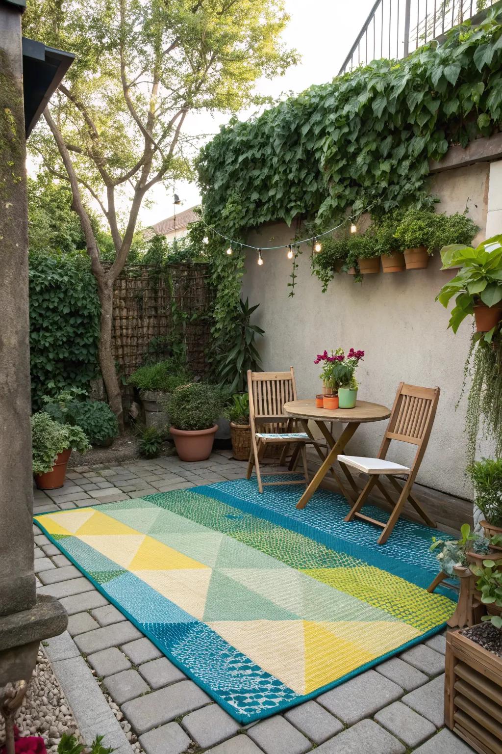 A vibrant outdoor rug brings color and definition to a small patio