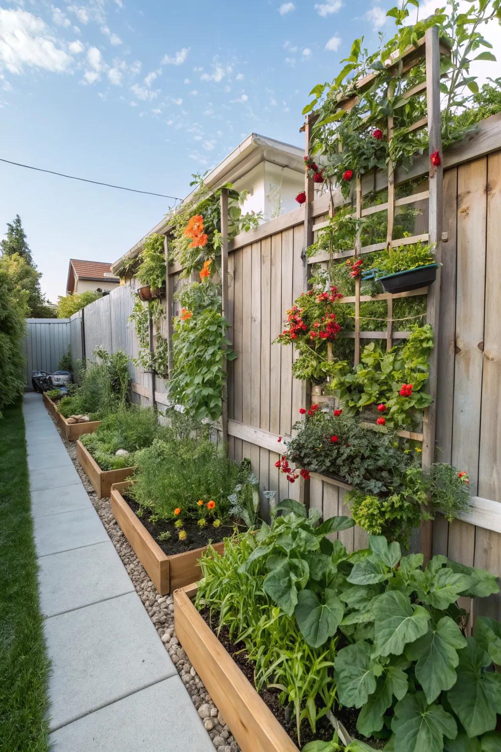 Vertical gardening maximizes space and adds height to the garden.