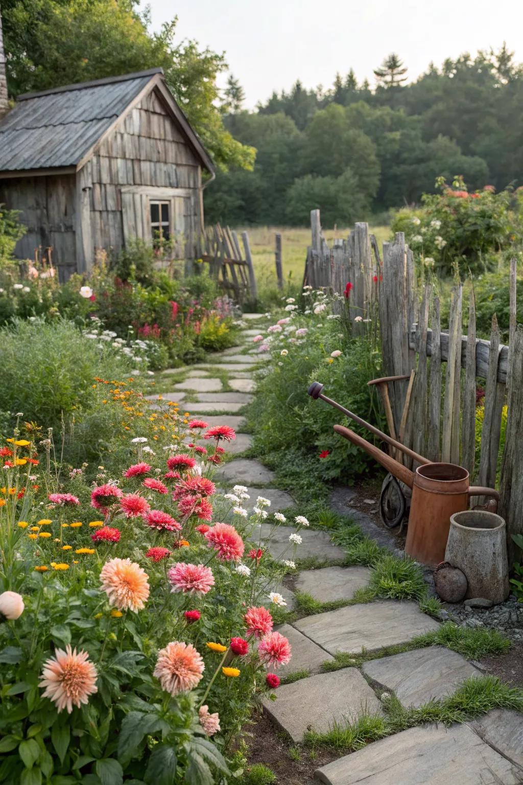 Dahlias in a cottage garden setting, offering rustic charm and natural beauty.