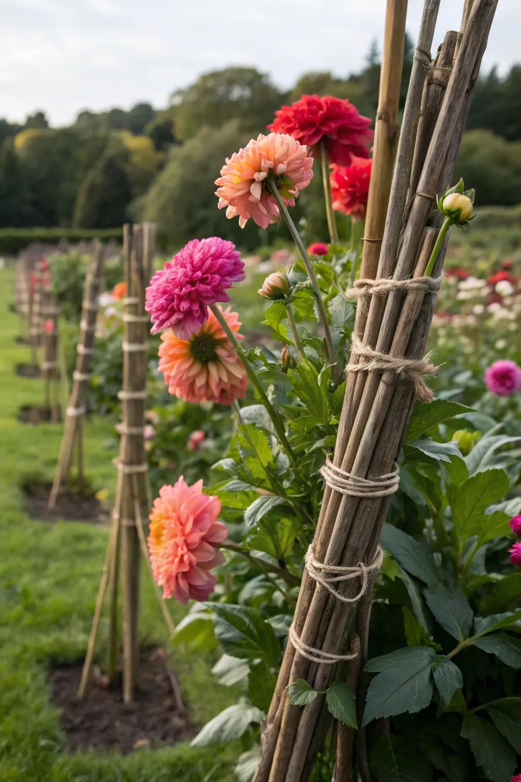 Twine ties offering simple support to dahlia plants.