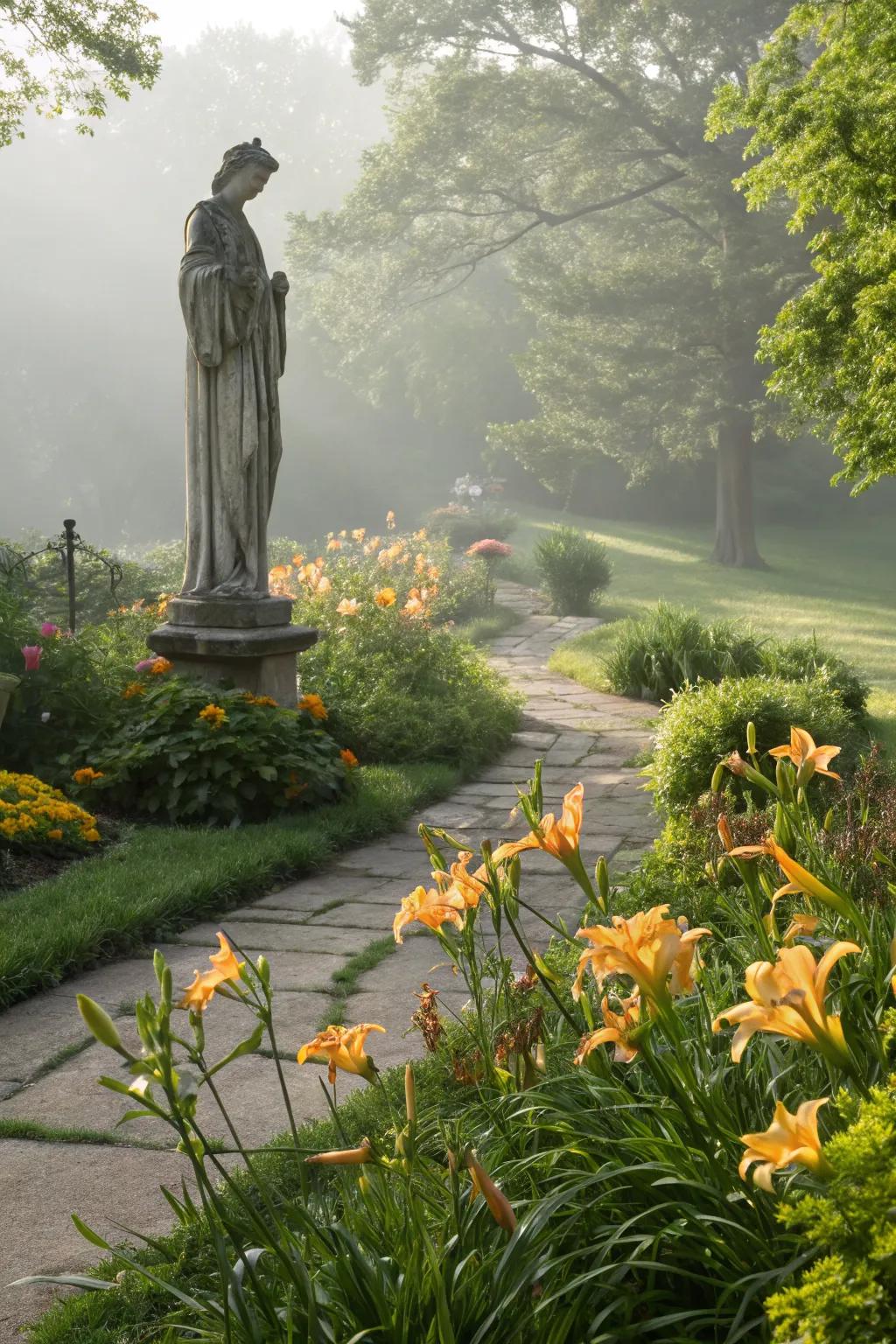 Garden structures complementing daylilies beautifully.