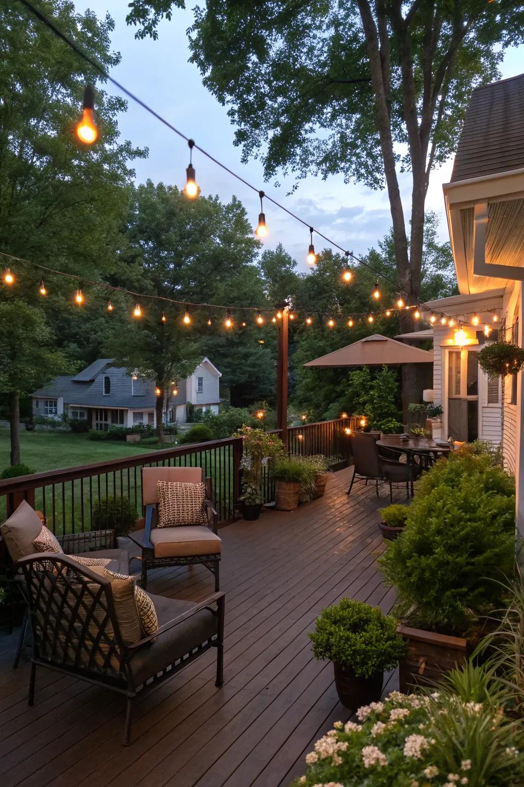 String lights cast a warm glow over this inviting deck.