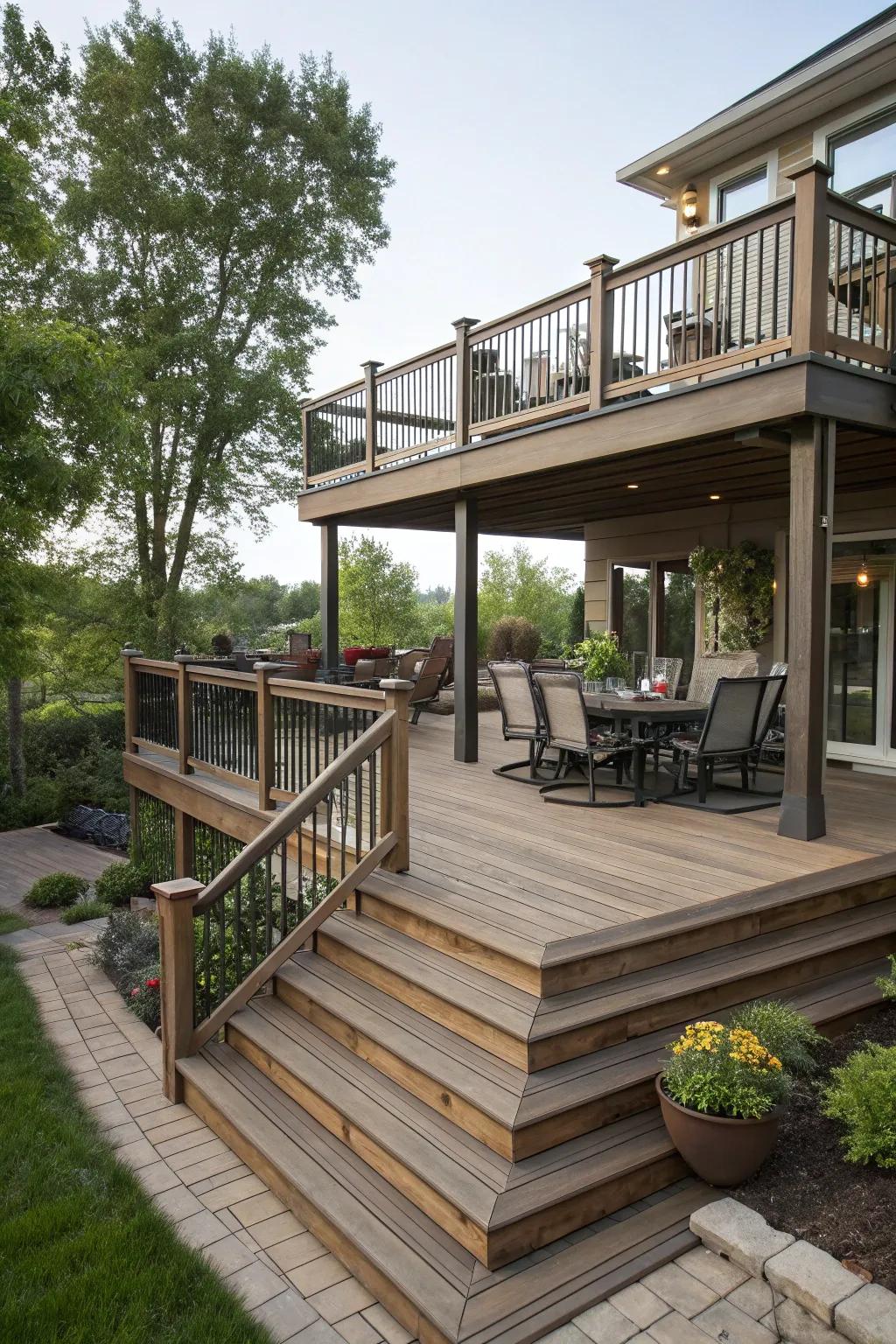 Multi-level decks offer versatile spaces for various activities.