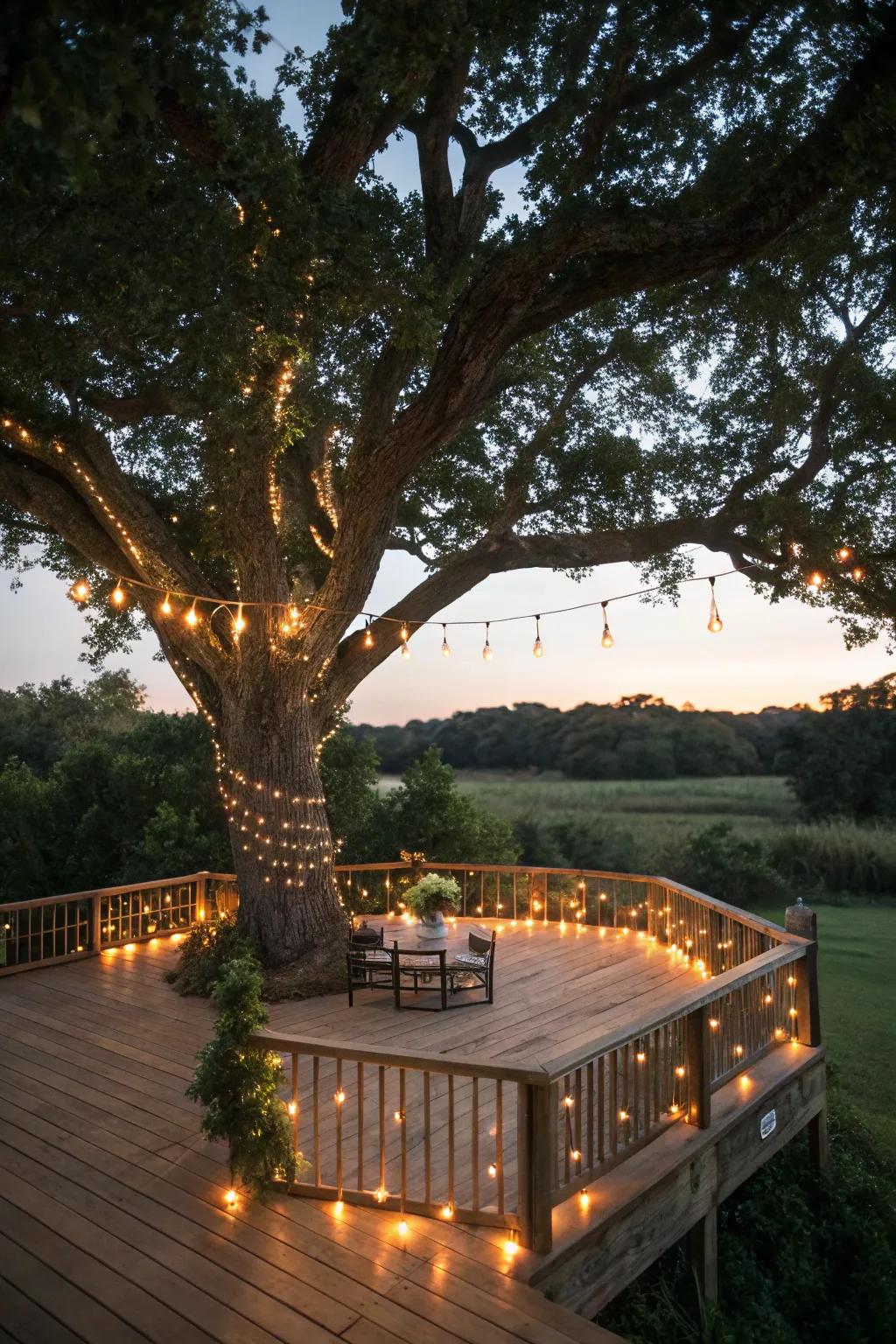 Twinkle lights transform an ordinary deck into an enchanting nighttime retreat.