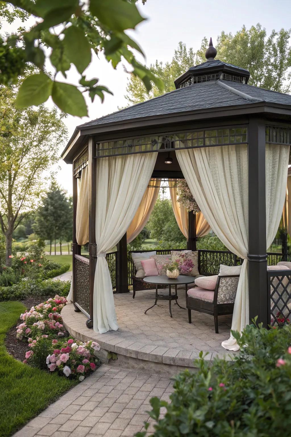 Gazebos with curtains offer shade and privacy.