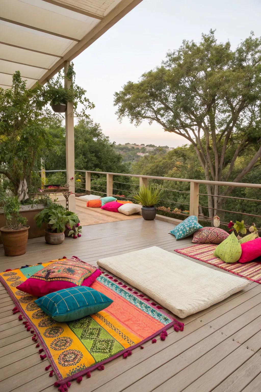 A beige deck adorned with colorful rugs and cushions.