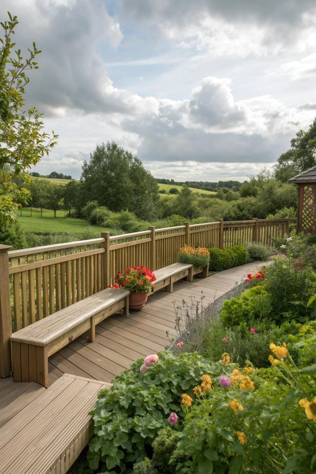 Built-in seating within the fence maximizes space and adds functionality.