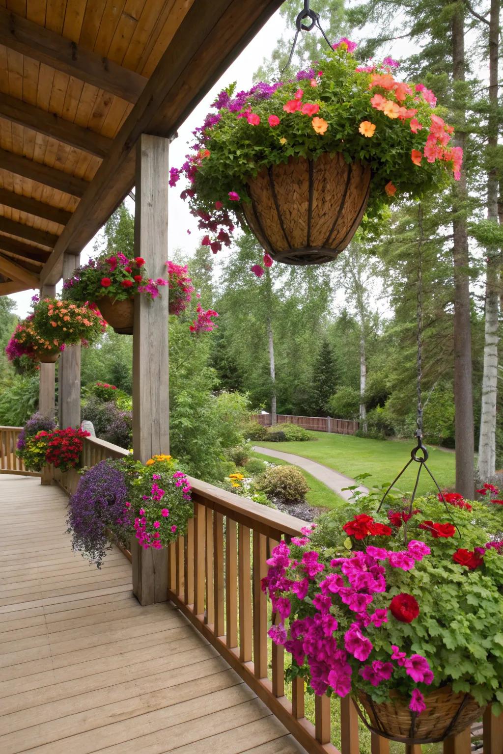 Add dimension with hanging flower baskets.
