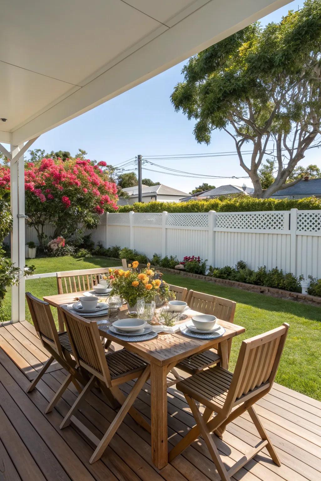 An inviting alfresco dining setup on a sunny deck.