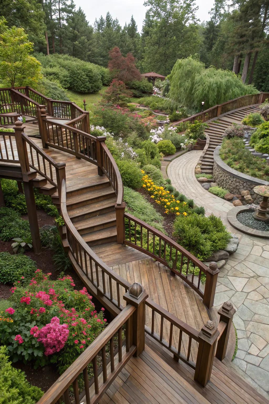 Elegant stairs connect the levels of this beautifully designed deck.