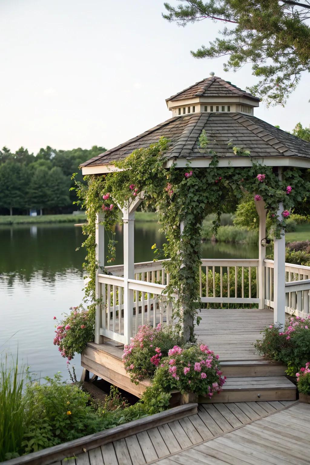 A unique deck with a charming gazebo.