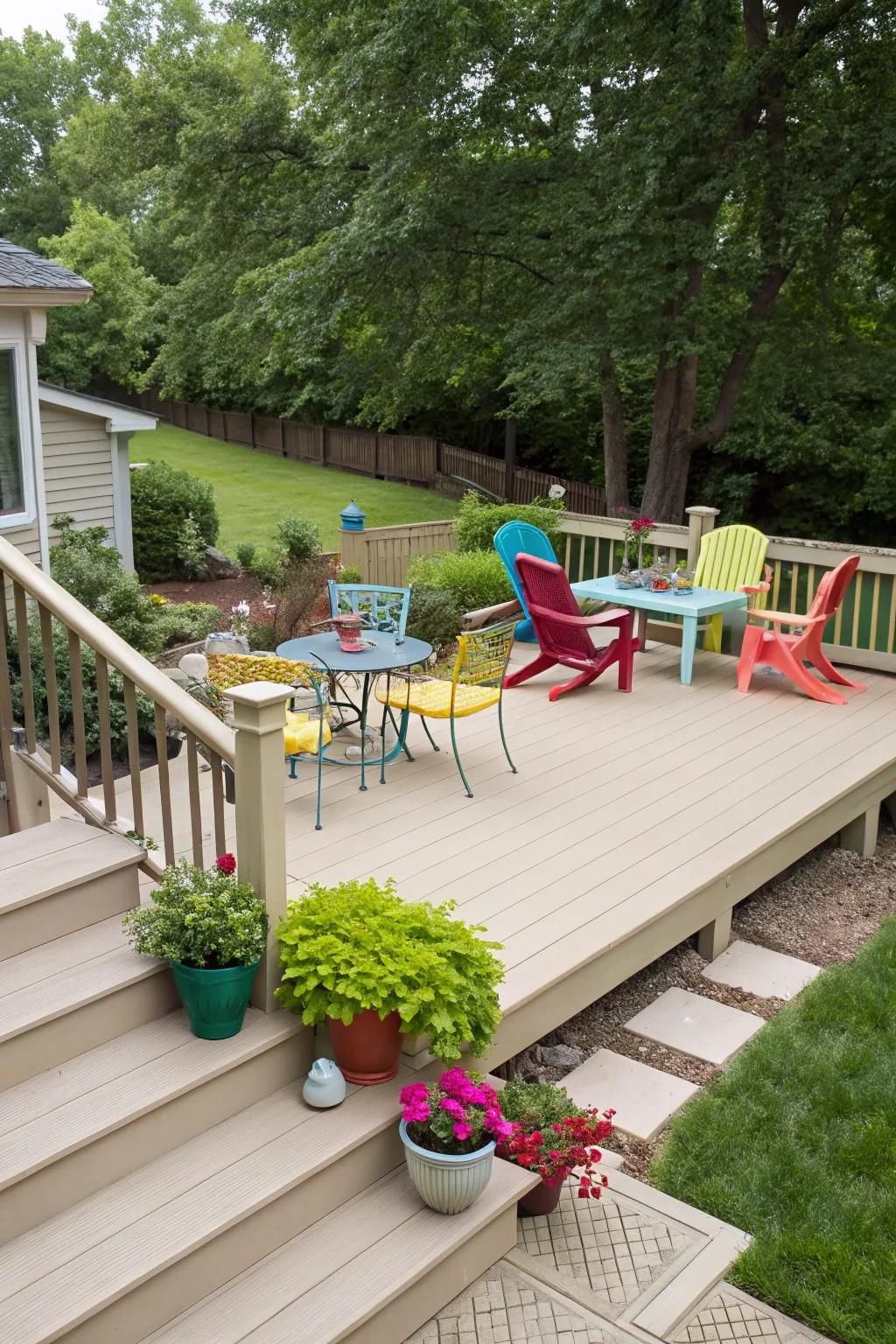 A versatile beige deck that harmonizes with vibrant outdoor decor.