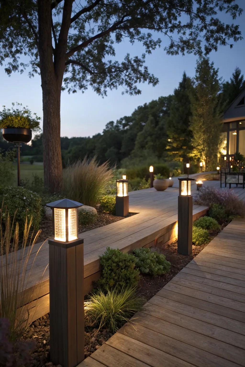 Deck lighting harmoniously integrated with nature.