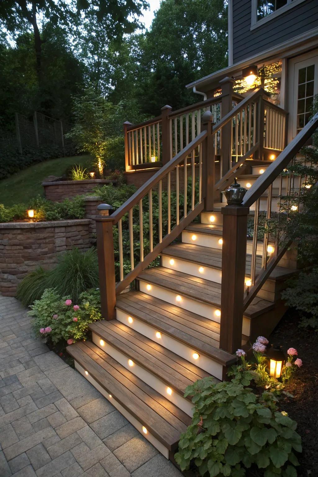 Recessed lights on stairs enhance safety and aesthetics.