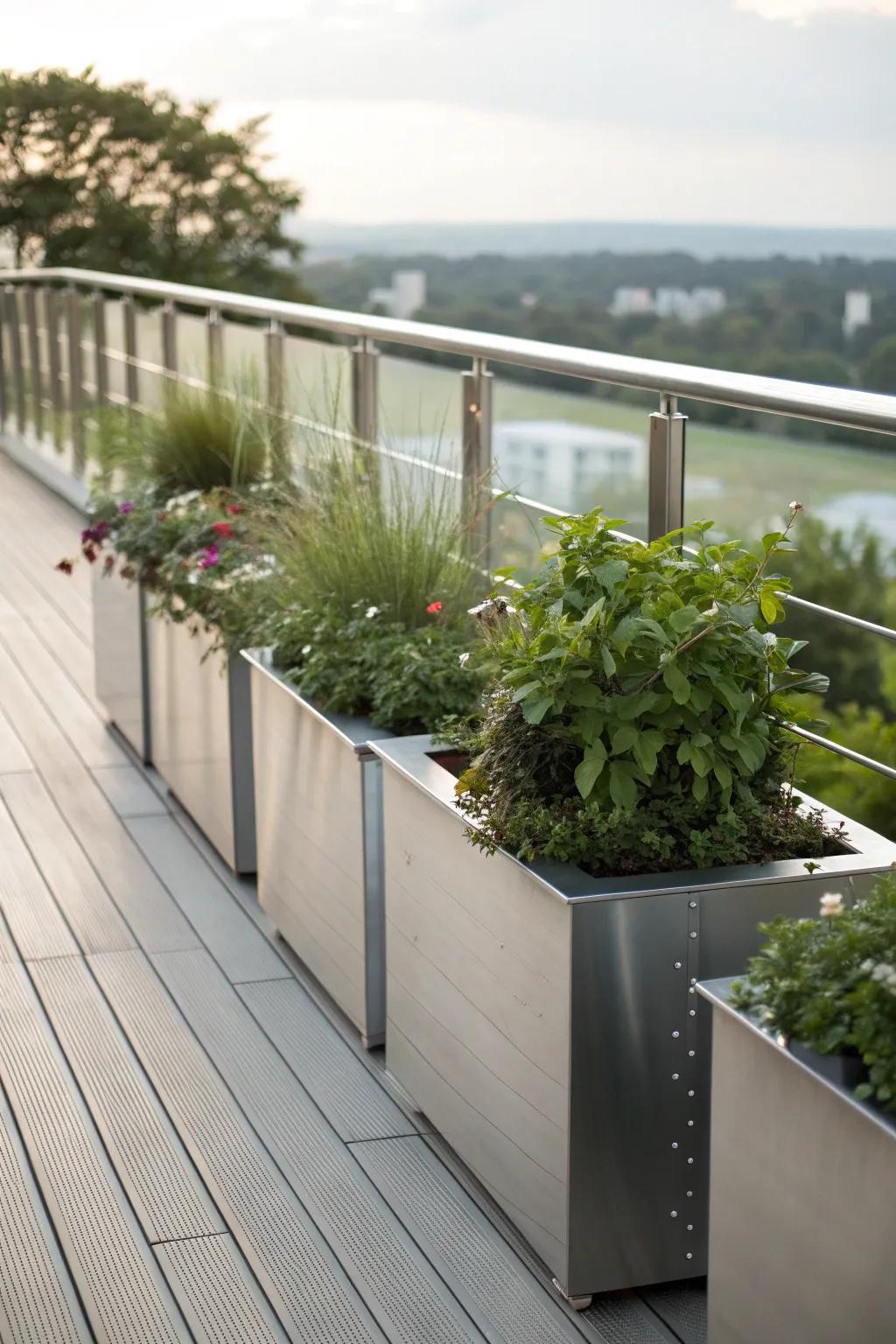 Metal planter boxes provide a modern aesthetic to decks