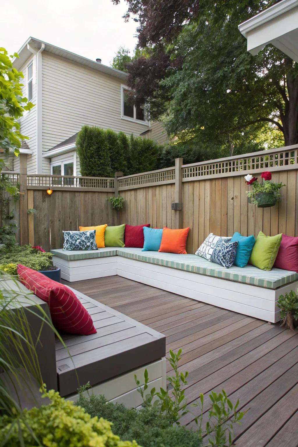 A cozy deck corner with built-in seating, perfect for intimate gatherings.