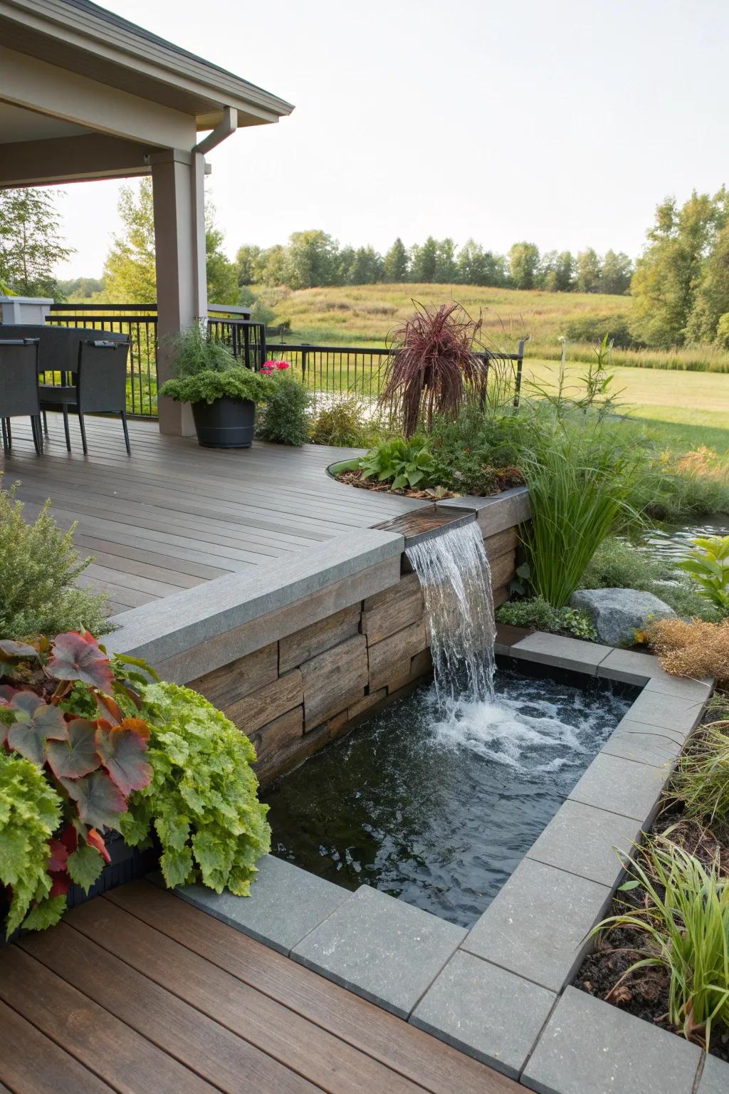 Planter waterfalls merge greenery and water in harmony.