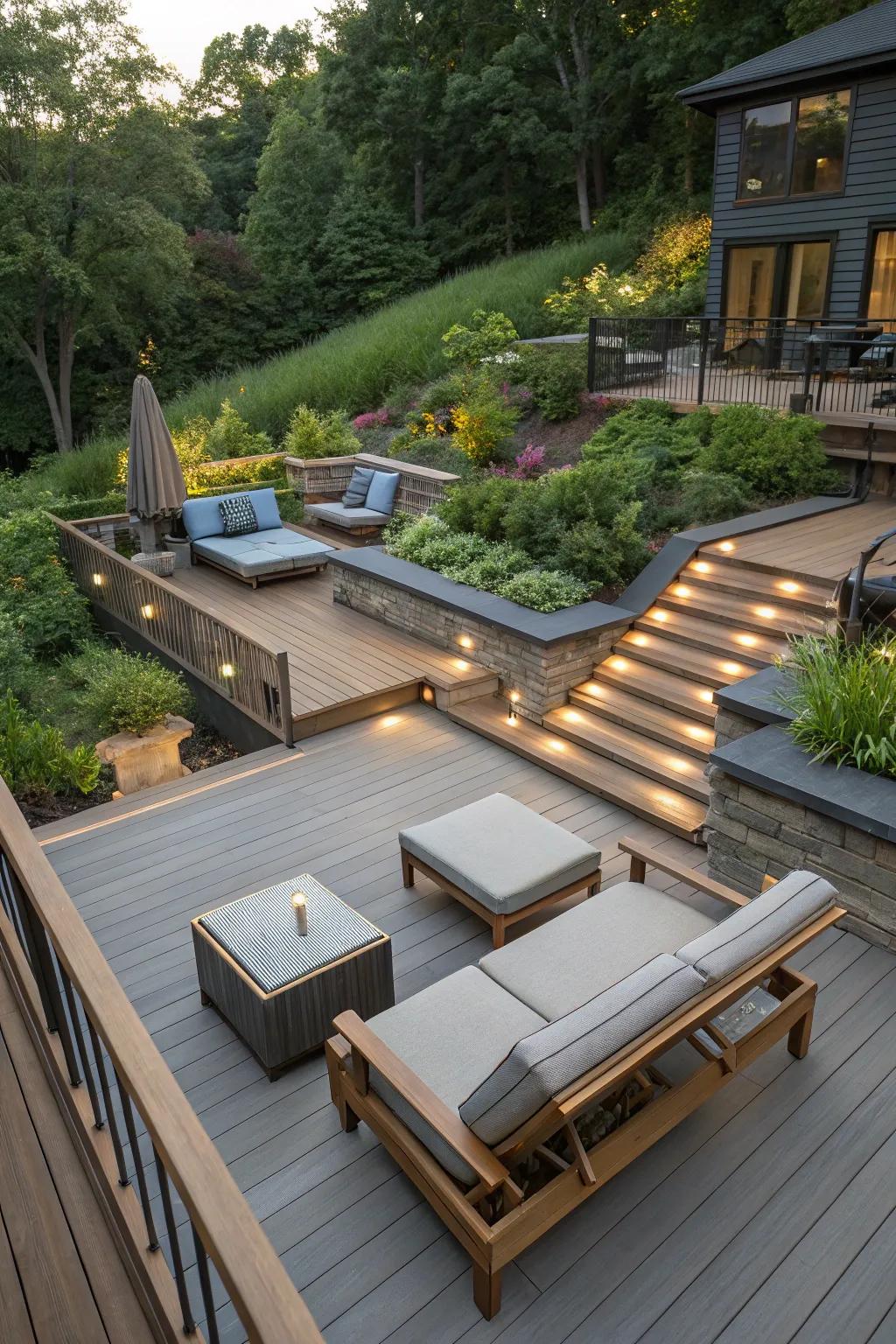 Multi-level decks offer versatility and charm.