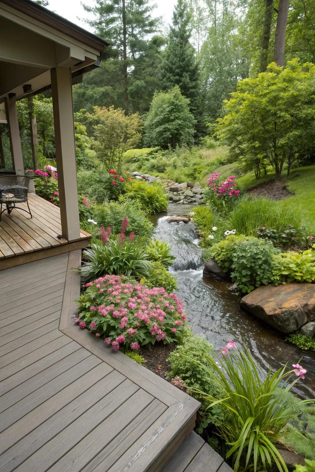 Integrate a stream with your garden for a lush, natural escape.