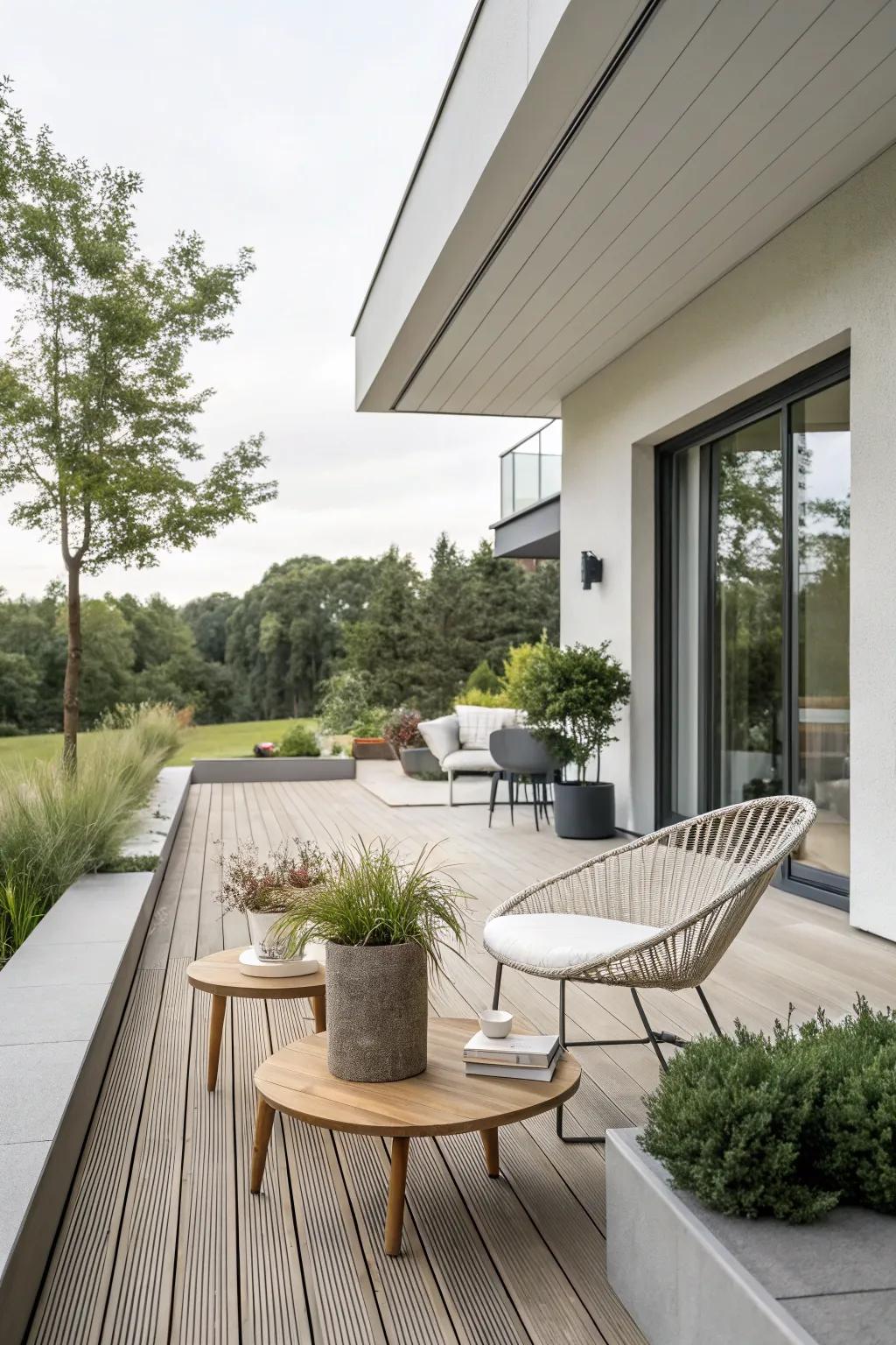 A modern deck design featuring clean lines and minimalist decor.