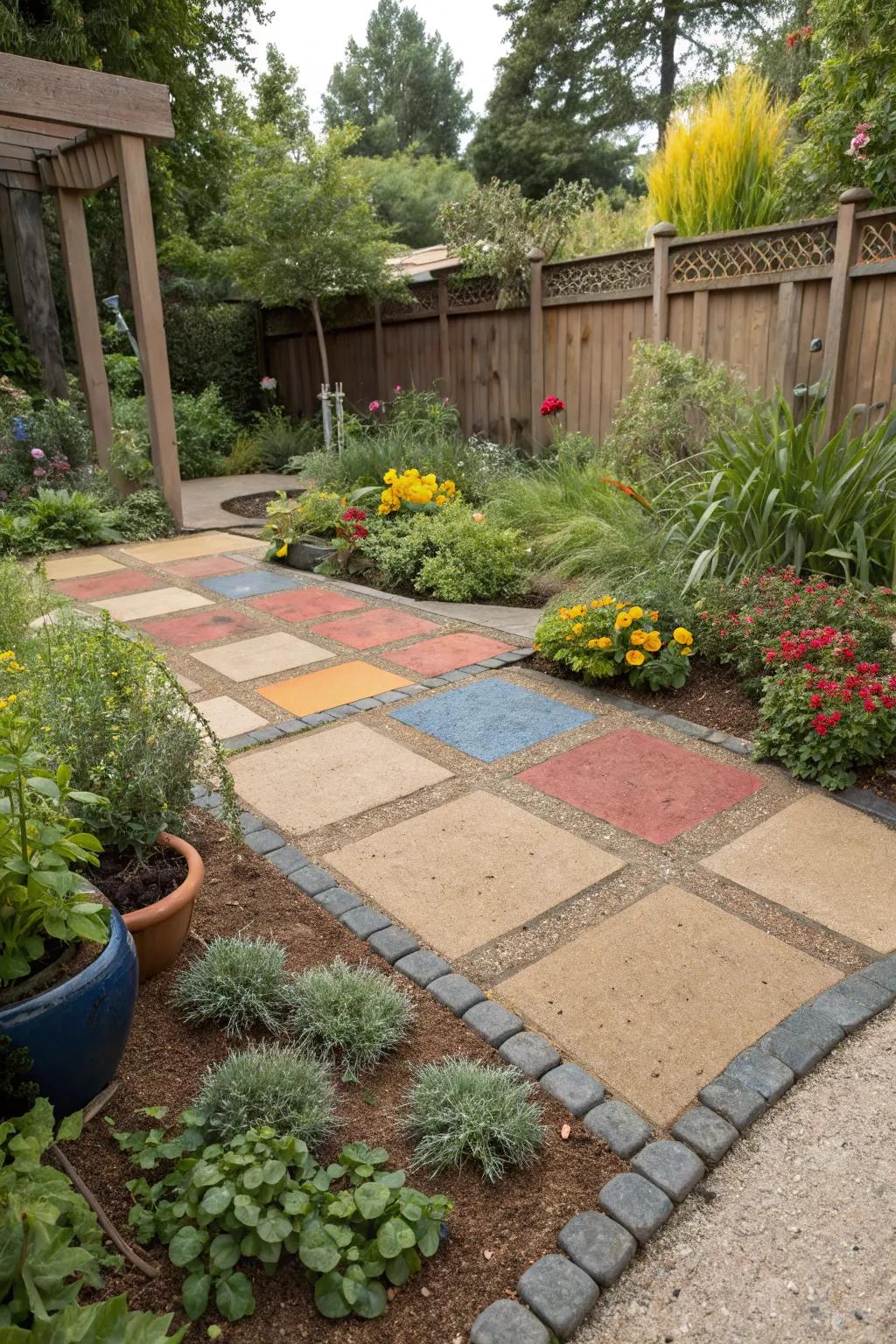 Colorful paver accents add flair to a decomposed granite patio.