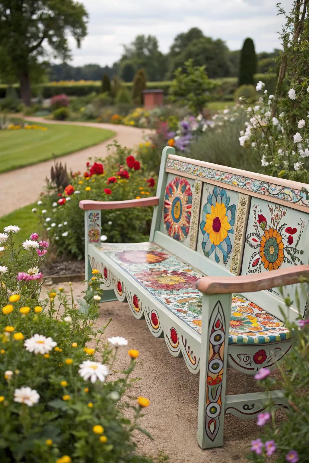A whimsically painted bench adds a playful touch to the garden.