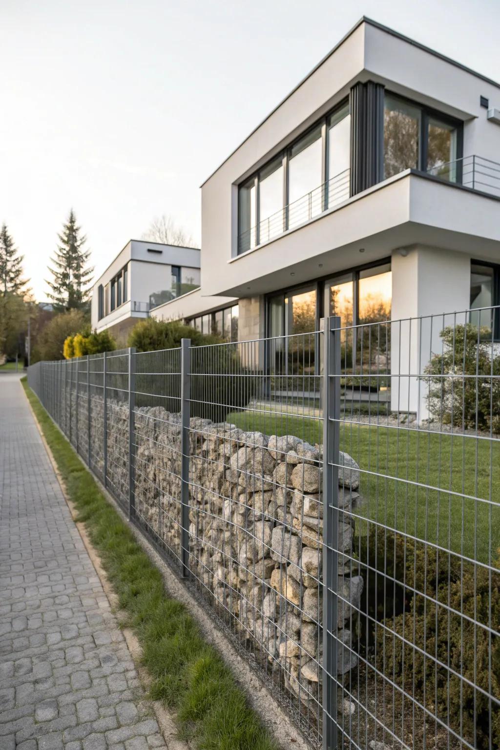 A sleek gabion fence with clean lines complements this modern home beautifully.