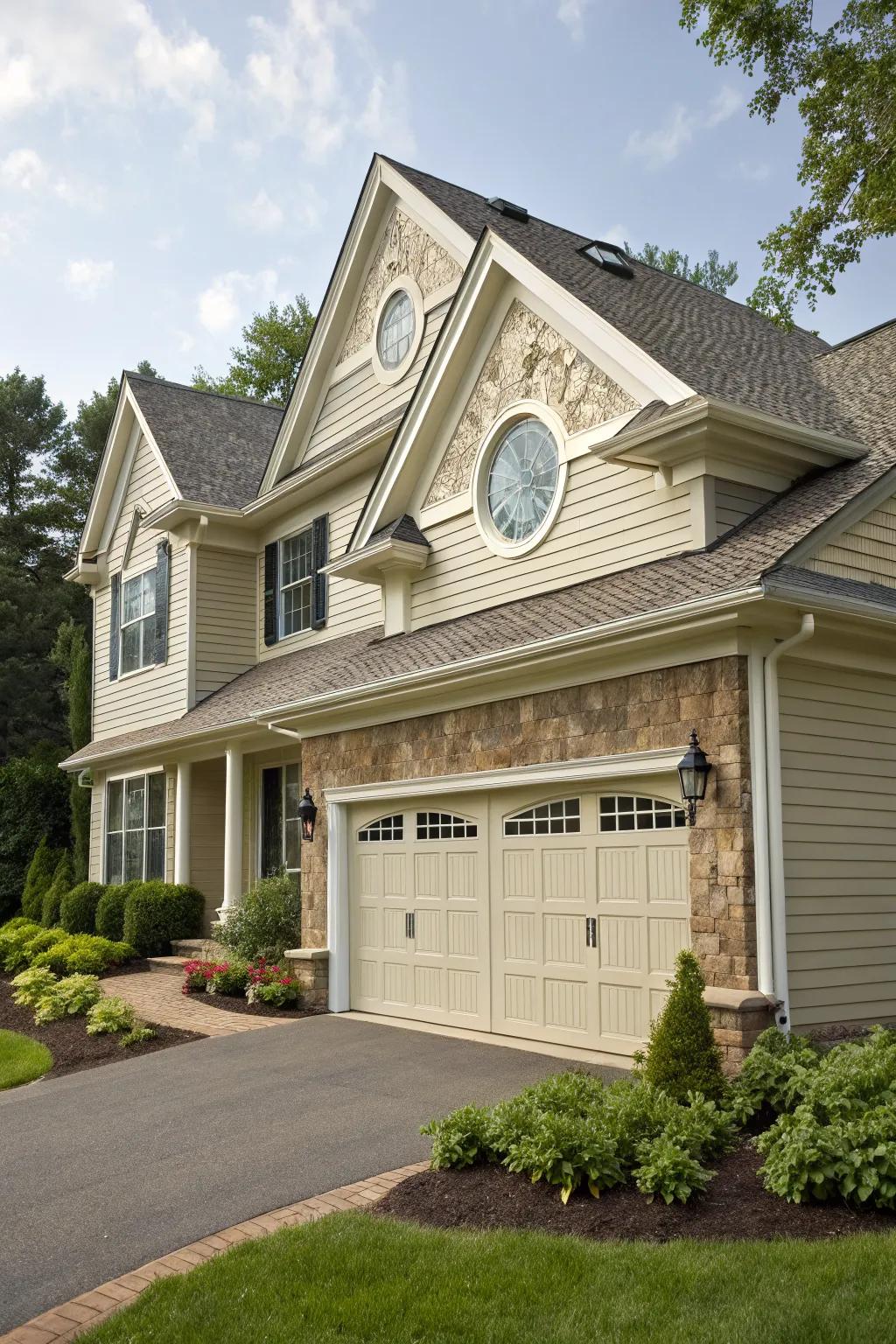 An oval gable vent adds a unique touch of elegance to this home's exterior.