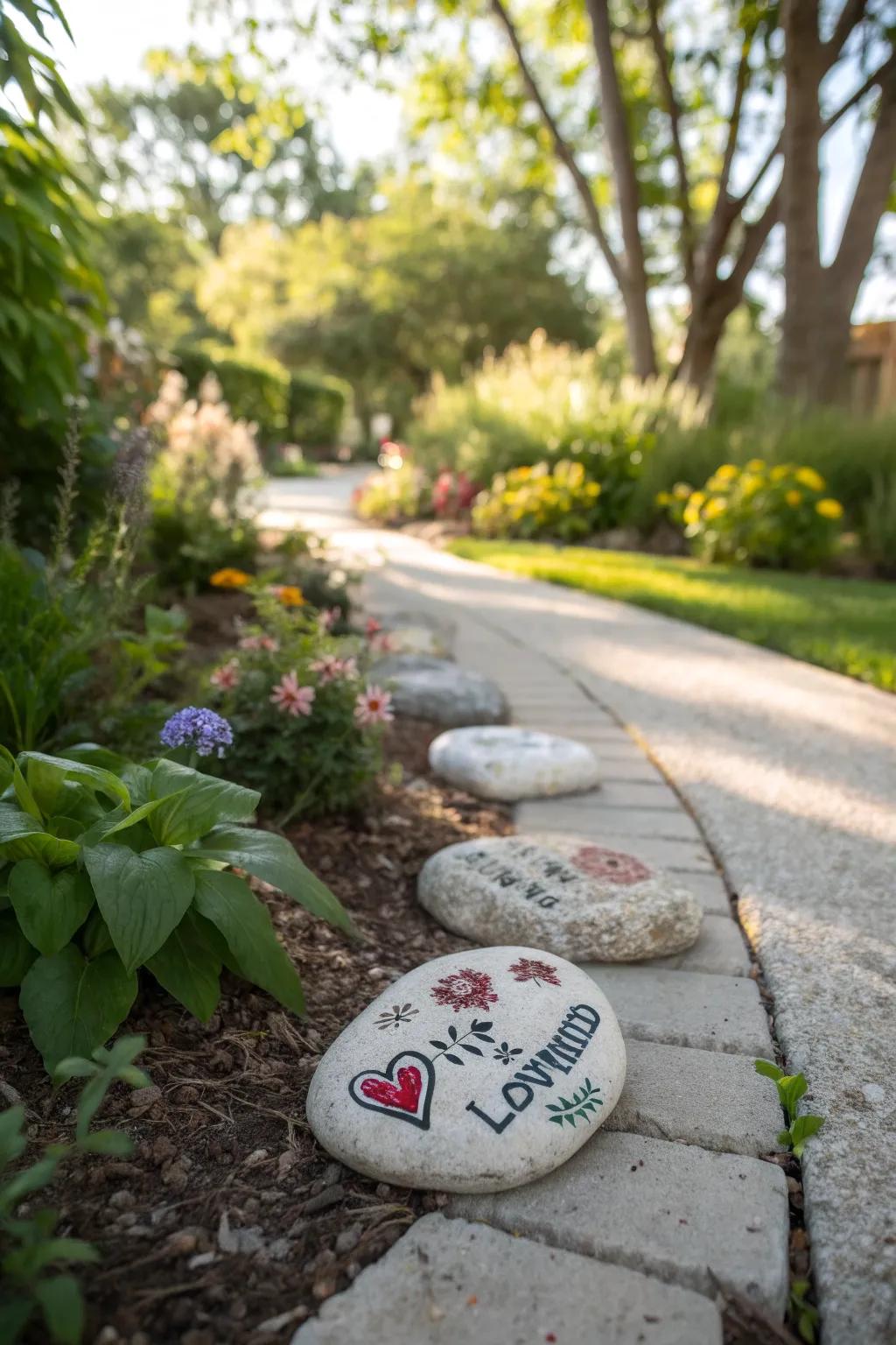 Personalized stones add a charming touch to garden pathways.