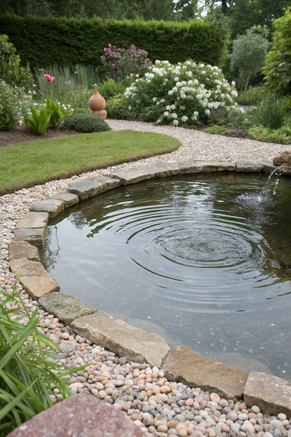 A serene pond accented by decorative gravel.