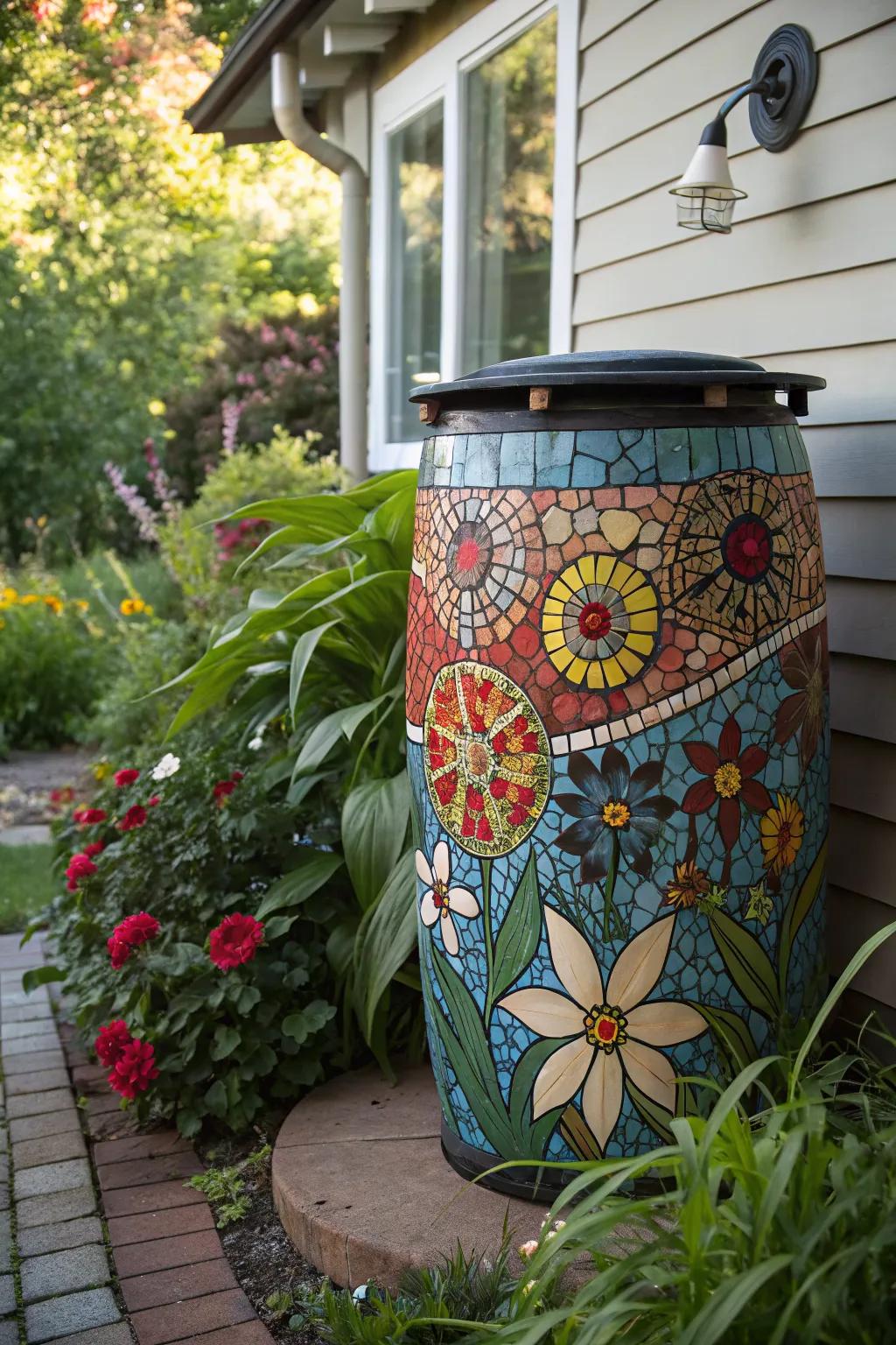 Turn your rain barrel into a mosaic work of art.