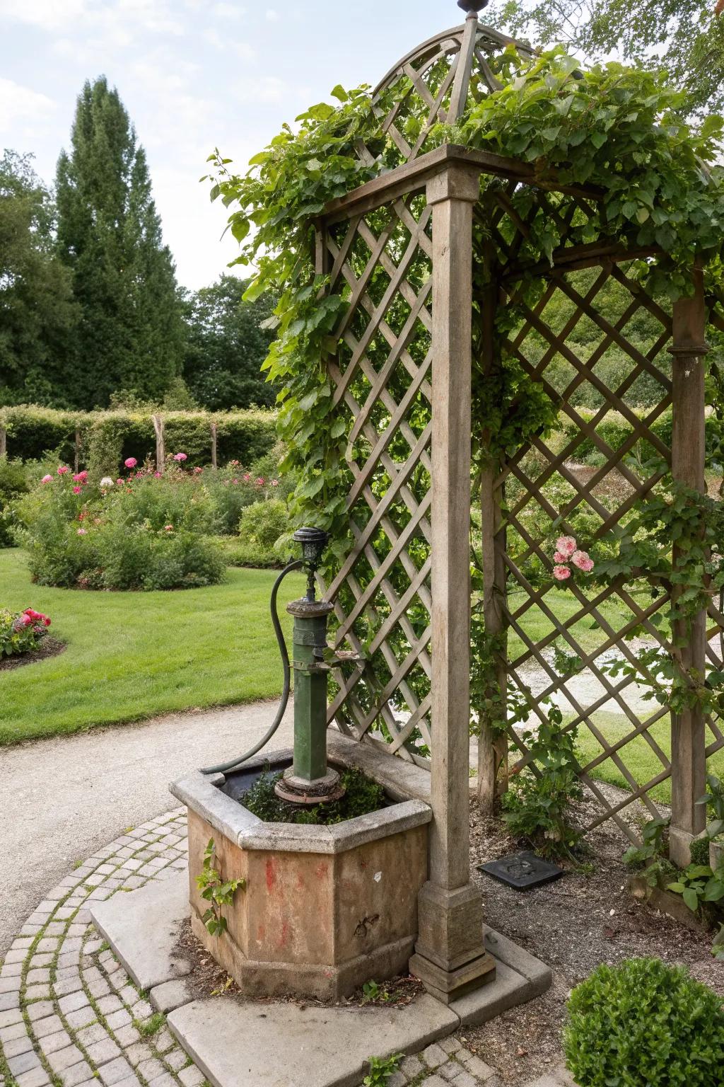 A garden lattice with vines adds greenery and grace.