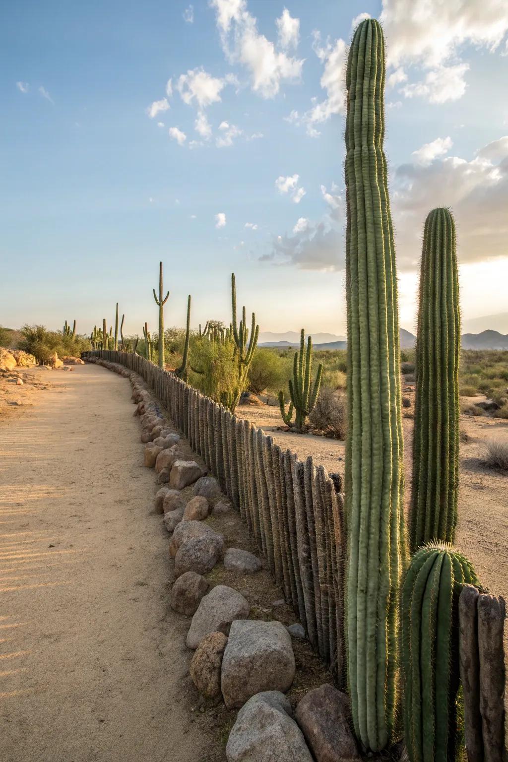 A cactus fence serves as a natural and aesthetic barrier.