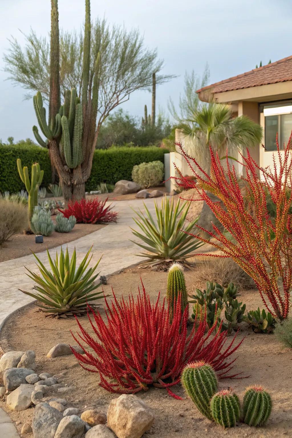 Colorful foliage adds vibrant contrast to this desert front yard.
