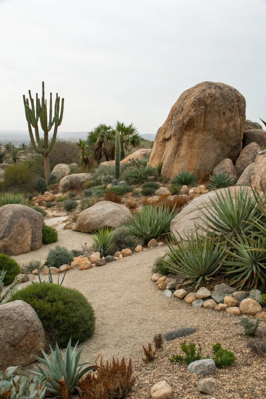 Boulders serve as dramatic focal points in the desert garden.