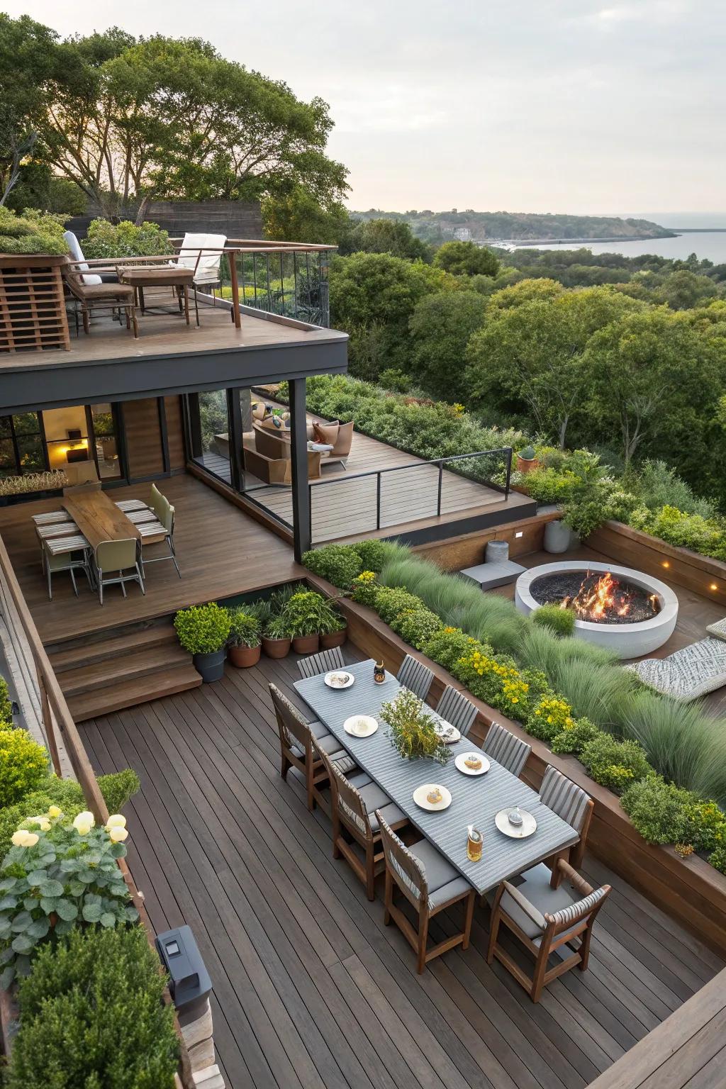 Multi-level decking adds depth and creates distinct functional zones.