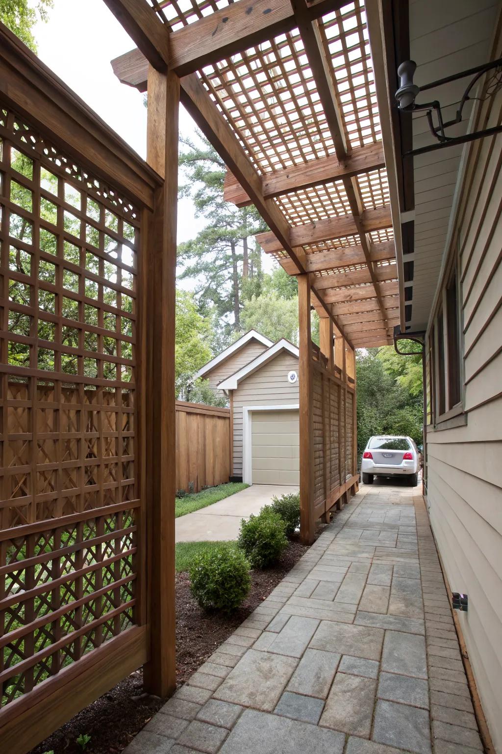 A cozy lattice-enclosed breezeway offering privacy and airflow.