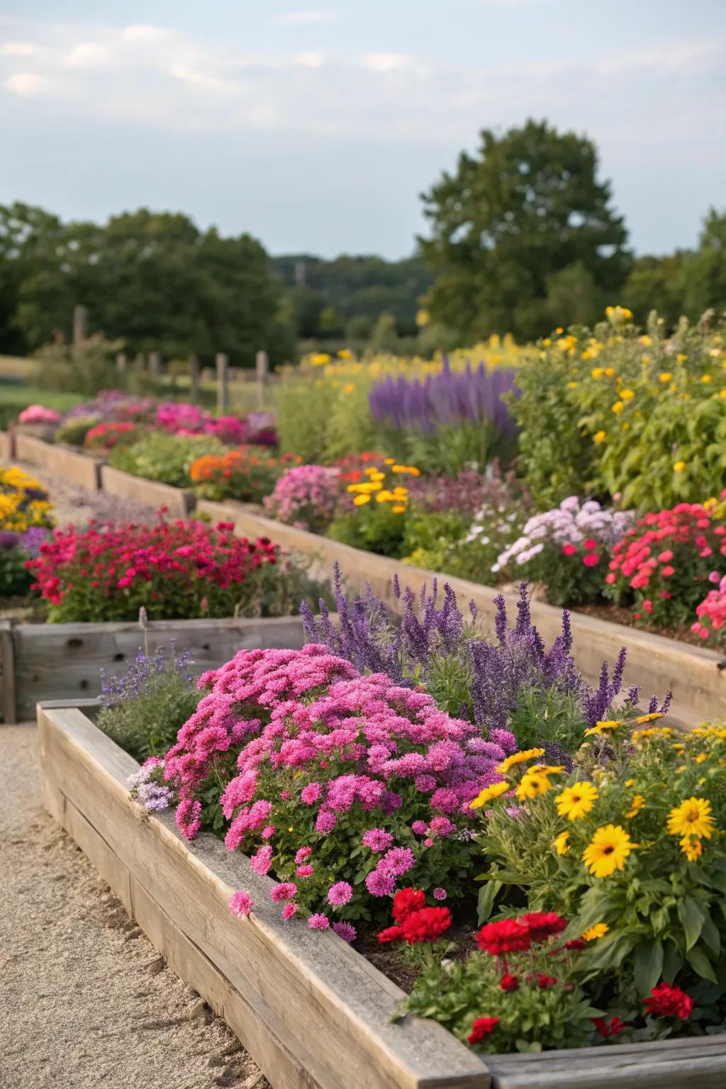 Garden beds filled with perennials add life and color to a plain backyard.