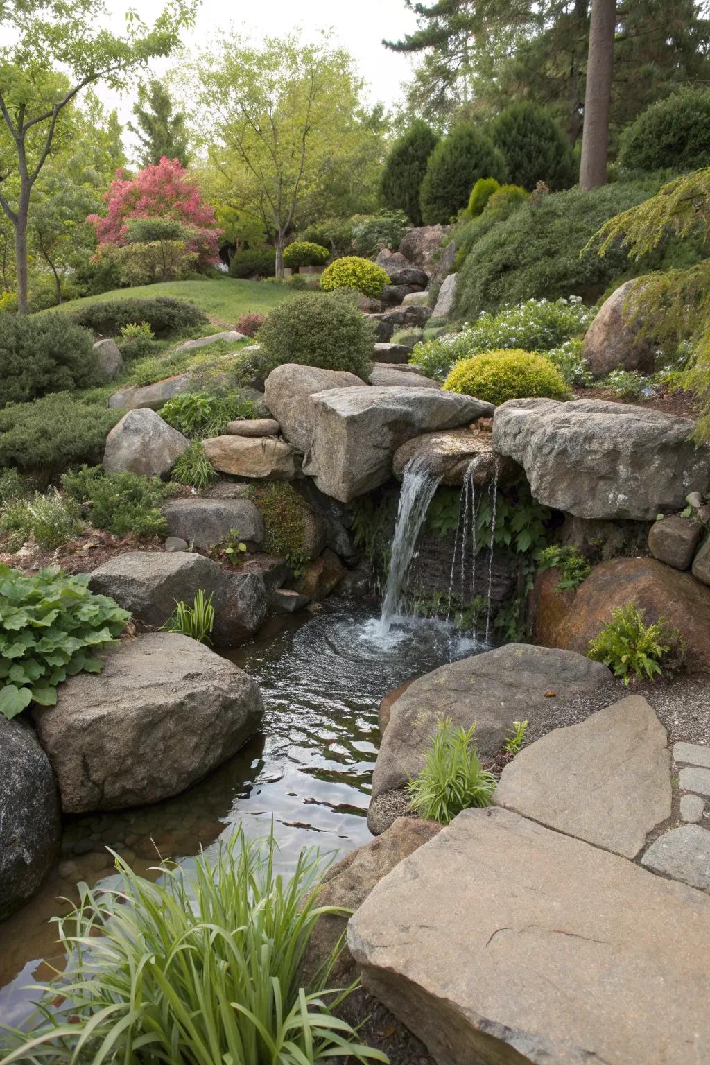 A disappearing fountain seamlessly integrated into a tranquil rock garden.
