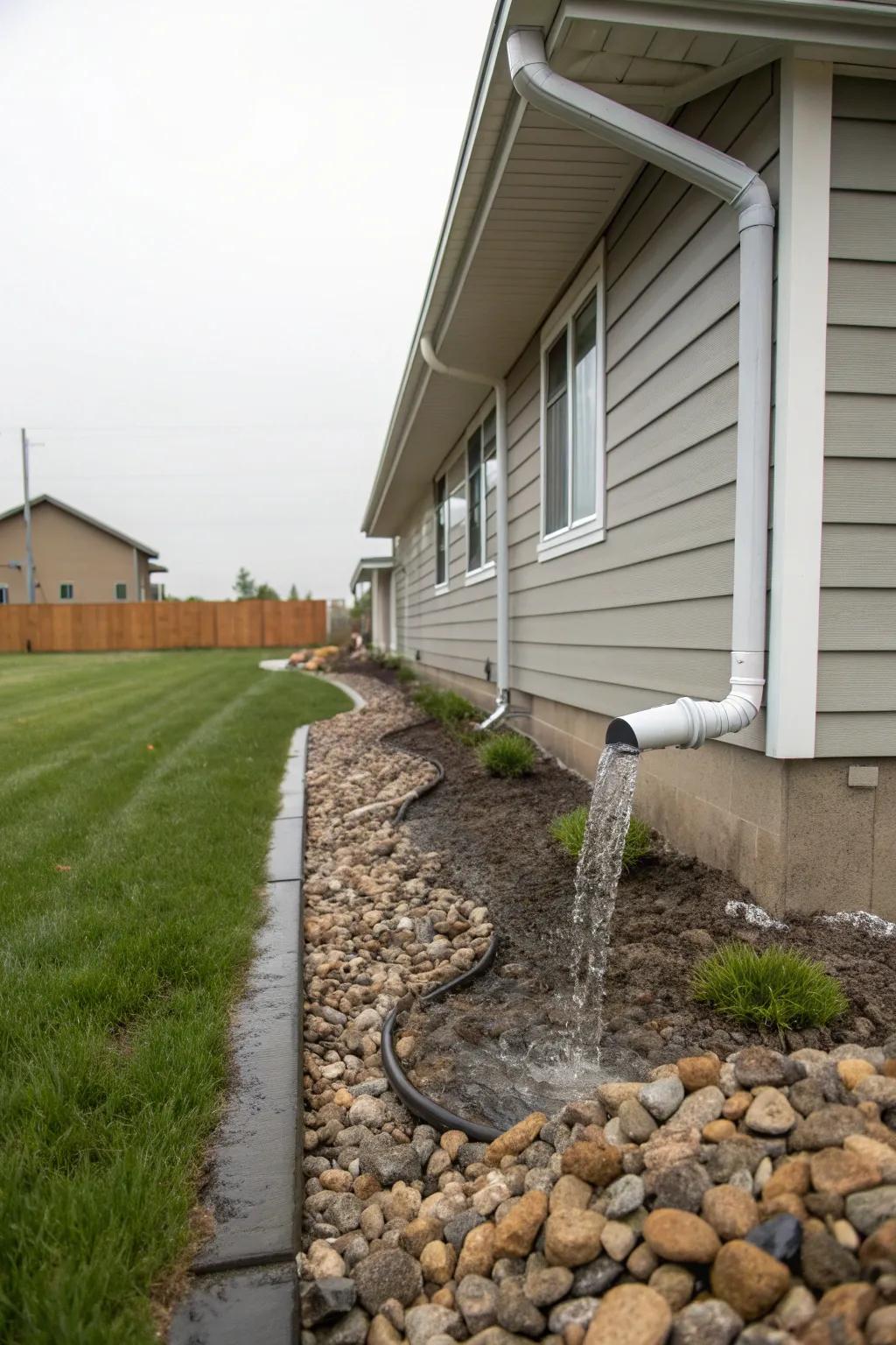Extended downspouts keep water away from the house.